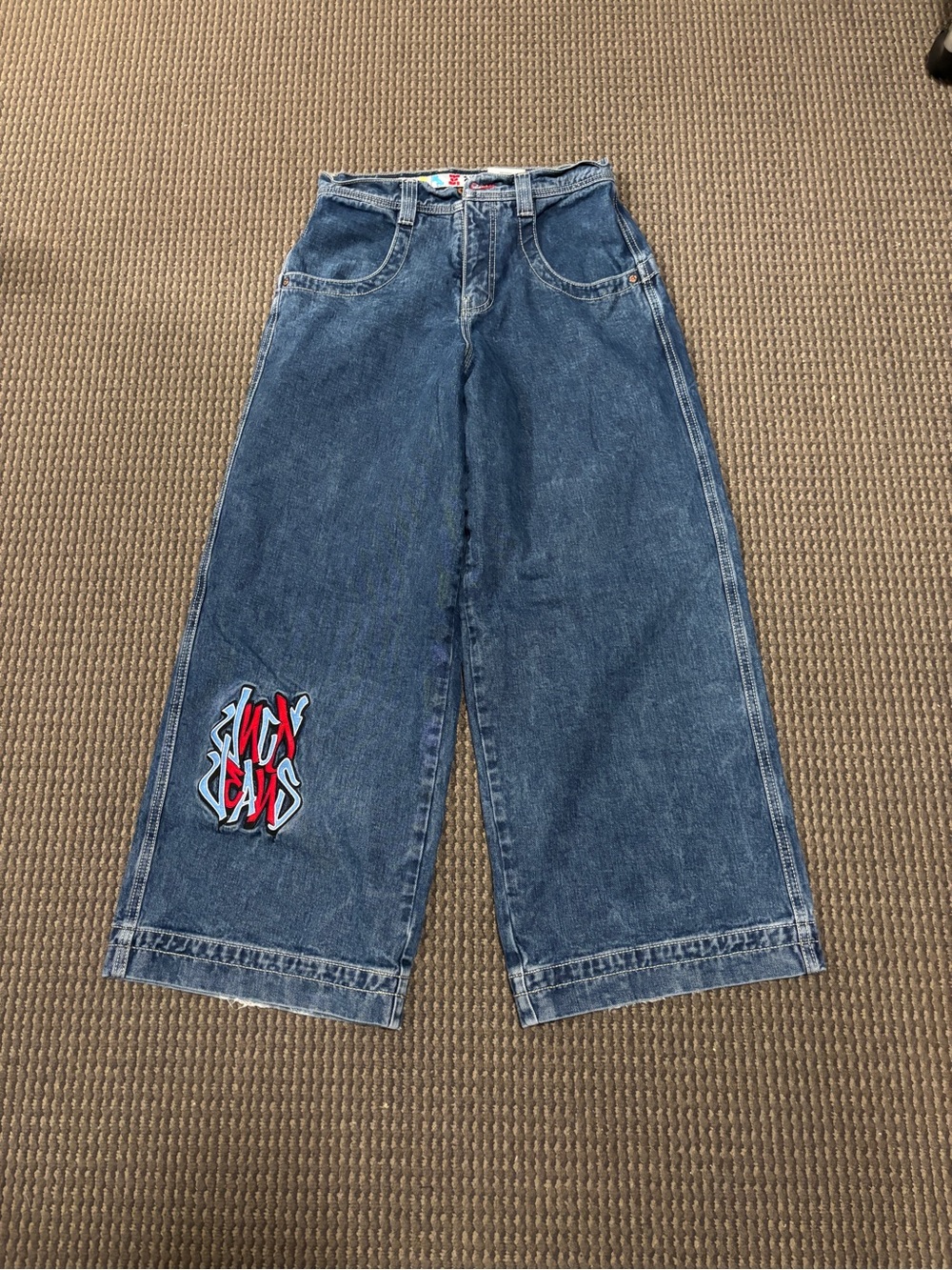 JNCO Rolling Stones Wide Leg Dark Blue Jeans with Red & White Patch